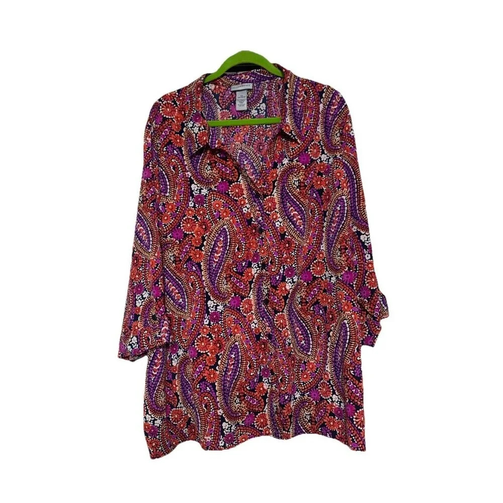 Catherines Beautiful Boho Colors Paisley Button Front Top Tunic Blouse 4X (M18)